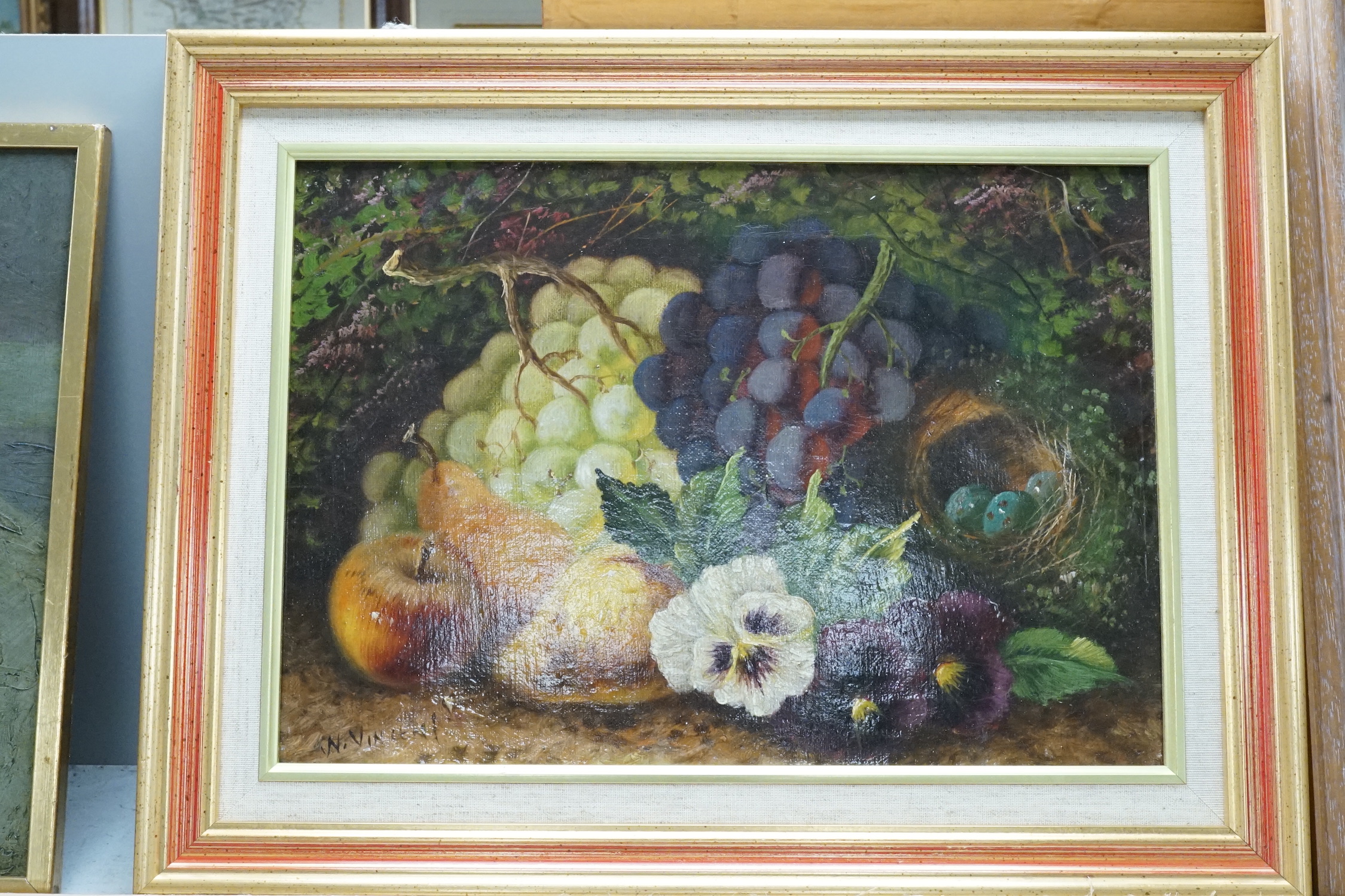 N. Vincent, oil on canvas, Still life of fruit and flowers, signed, 24 x 35cm